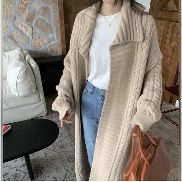 136. LAST RESTOCK! Tan Maxi Duster Cardigan Coat Oversized Chunky Long Cable Rib - Picture 2 of 7